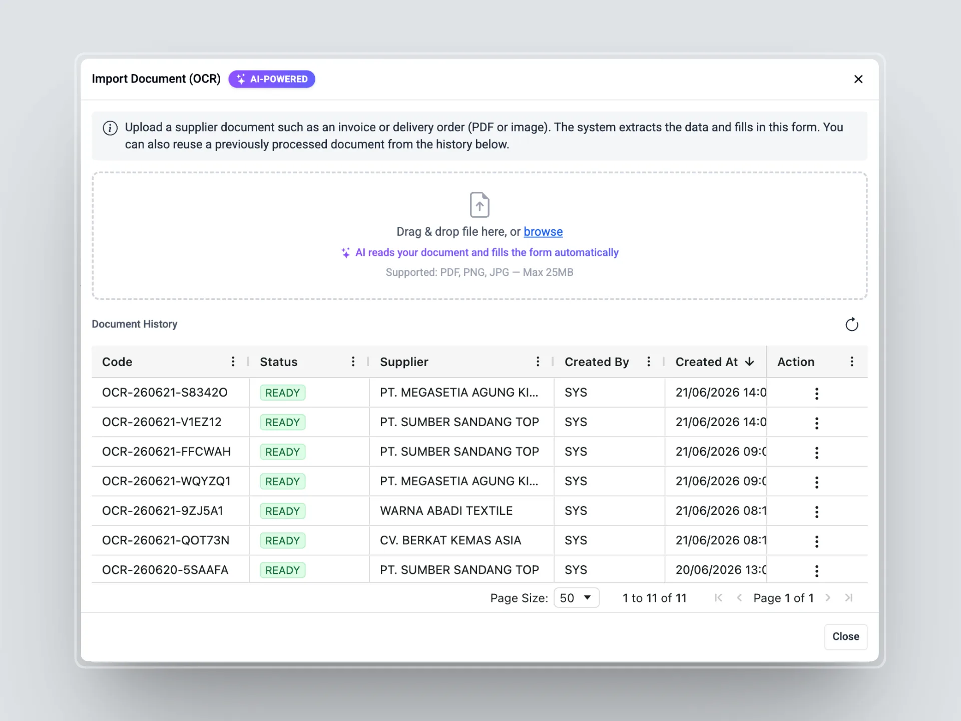 AI OCR reading a purchase document automatically